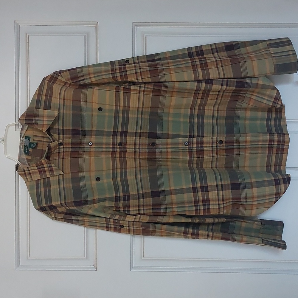 LAUREN JEANS CO., Large, Plaid, Green, Eggplant, Long Sleeve, Button Down